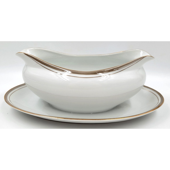 Royalton China Gravy Boat w/ Attached Underplate Gold Trim Translucent Porcelain - Picture 7 of 9